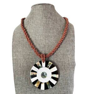 Vtg Inlaid Abalone & Mother of Pearl on Brown Multi Strand Seed Beaded Necklace